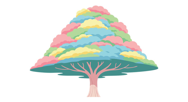 Whimsical pastel tree illustration with a modern design featuring a palette of calming colors and playful shapes that evoke serenity and joy