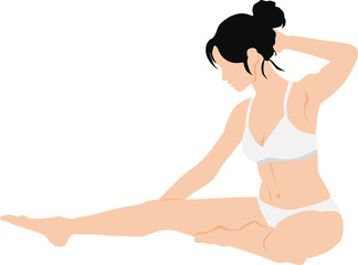 モーニングルーティンで寝起きにストレッチをする女性の水彩画イラスト