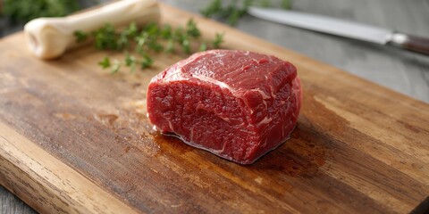 Raw beef slice on cutting board, emphasizing food safety and preparation techniques, Meat Safety Awareness Day