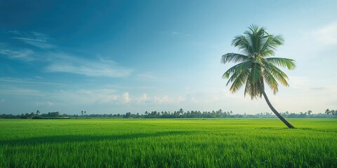 Obraz premium Palm tree standing on a lush green field, suitable as a background for text or layout design