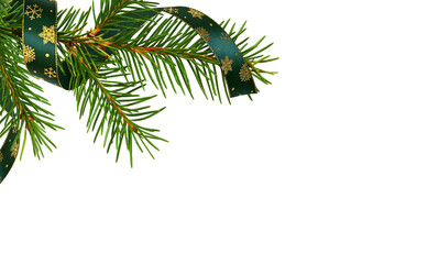 Naklejka premium Twig of Christmas tree with green festive satin ribbon isolated on white or transparent background