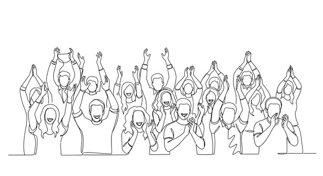 Cheerful Crowd Cheering Illustration &ndash; Hands Up, Applause People, Continuous One-Line Vector Drawing for Celebration and Event Design