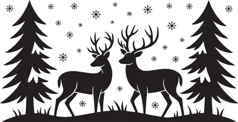 Deer silhouettes in forest. Wildlife, nature animals, winter scene, landscape vector art