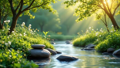 Serene River Landscape with Sunlight