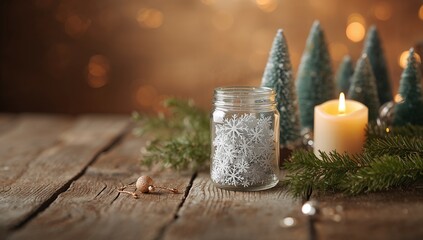 Glass jar with a handmade snow globe on a wooden table, emphasizing craft and seasonal decor, Earth Day
