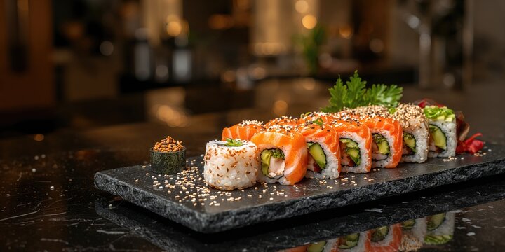 Assortment of sushi rolls with fish and cheese on a black stone plate, emphasizing healthy Asian cuisine, food safety inspection - Powered by Adobe