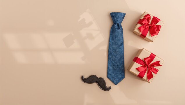 Top view of a necktie arranged with gift boxes and a false mustache, suitable for Father's Day, designed as a gift presentation