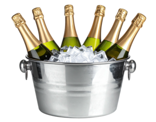 Six sparkling wine bottles chill in a stainless steel ice bucket