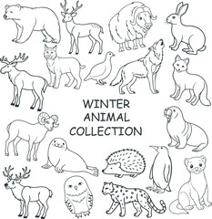 Minimal winter wildlife doodle vector set featuring arctic animals in clean line-art style. Perfect for seasonal design, branding, children&rsquo;s books, stickers, patterns, and trendy Nordic illustration.