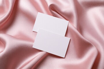 Fototapeta premium Two blank white business cards sit on a flowing pink satin cloth, gently lit