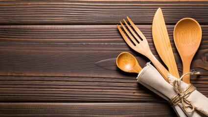 Wooden cutlery set on a brown wooden surface, ready for a meal
