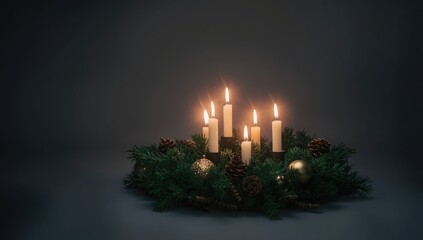 Fourth advent with four burning candles on fir branches and Christmas decorations against a dark grey background, seasonal observance