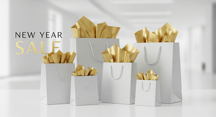 Many white paper shopping bags on table with Christmas and New Year Sale.