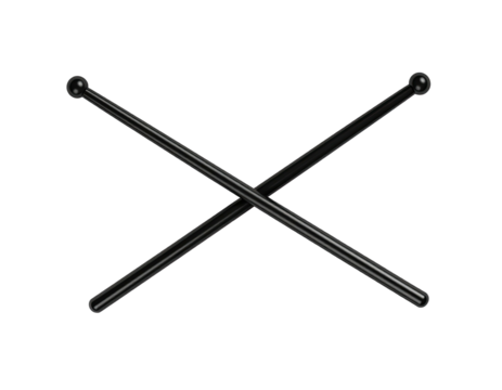 Two black drumsticks, crossed against a pure black background, simple and bold