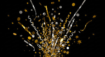 Realistic 3D metallic confetti with gold silver copper and holographic foil pieces falling against a background.
