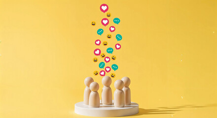Social media engagement concept with wooden figures and floating reaction icons on a bright yellow backdrop