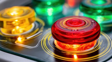Close-up view of illuminated red, yellow, and green buttons on a dark, futuristic control panel with glowing circular patterns.
