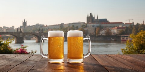 Two mugs of beer on a bridge surface, used as casual social setting
