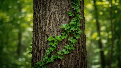Close up of ivy leaves climbing on tree bark used as a natural background for spring-themed design
