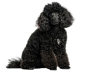 A seated, black curly-haired canine with curious eyes, isolated on transparent background