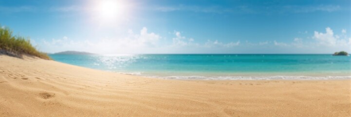 Fototapeta premium Tropical summer sand beach with bokeh sun light on sea backdrop, ideal for background or UI design