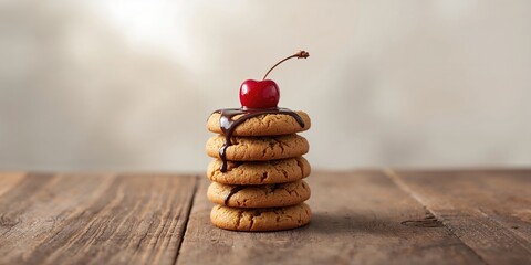 Butter cookie topped with chocolate and cherry, used as a bakery product for dessert decoration