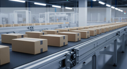 Cardboard boxes on a conveyor belt in an industrial setting