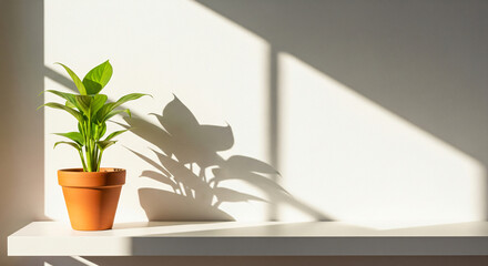 Fresh, vibrant plant on a white shelf against a white wall