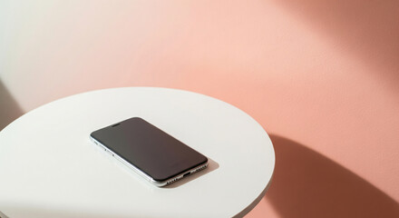 A modern smartphone with a blank screen stands on a glowing surface against a soft pink background with light rays.