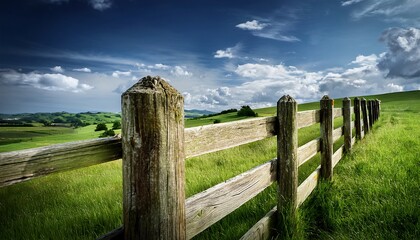 Obraz premium Weathered Wooden Fence Under a Cloudy Blue Sky Along Green Fields