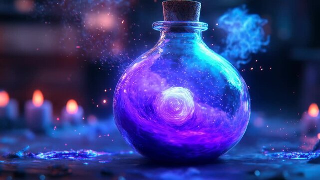 Magical potion swirls with vibrant colors in mystical setting at night