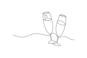 One line champagne and wine glass outline minimalist  festive vector design  