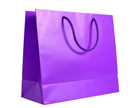 A shiny, purple gift bag with twisted handles, set against a black background