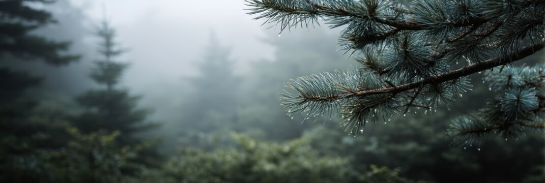 Misty forest scene with evergreen branches and soft focus background