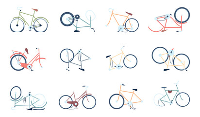 Broken bikes. Bicycle with flat tires and wheels, broken seat and fallen chain. Personal transport after road accident and requires repairs, recent vector set