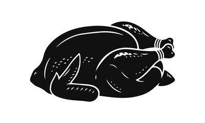 Black and white vector illustration of a fried chicken. Fried chicken, food icon, cooked bird, holiday dish, kitchen graphic