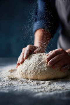 Hands kneading dough on floured surface, showcasing artisan baki