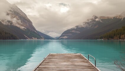 A large lake beneath mountain peaks with rising evaporation and a snow-dusted wooden pier on an autumn day, seasonal change