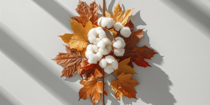 Autumn scene with cotton flowers and dried maple leaves on pastel gray background, seasonal change