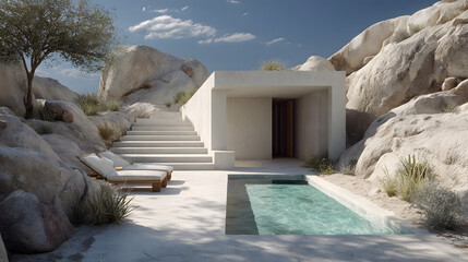 Private luxury resort and hospitality. Modern architectural retreat with a pool among rocky terrain.