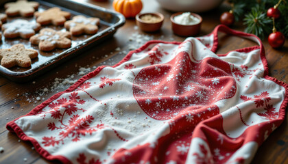 Festive kitchen apron red white fabric snowflake pattern baking flour wooden table gingerbread cookie holiday baking home kitchen cozy decor sprinkles dust joyful mood