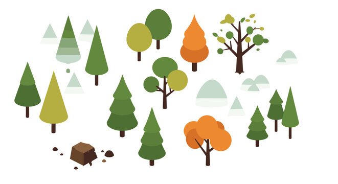 Isometric autumn and evergreen forest trees set with foggy background