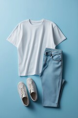 Casual white t-shirt and light blue jeans with sneakers on blue background