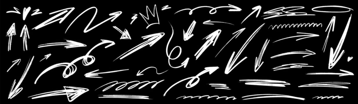 Expressive scribble arrows with layered highlight effects, natural crayon grit, smooth brush strokes and bold arrow direction, merging scribble style with crayon and brush rhythm plus strong highlight
