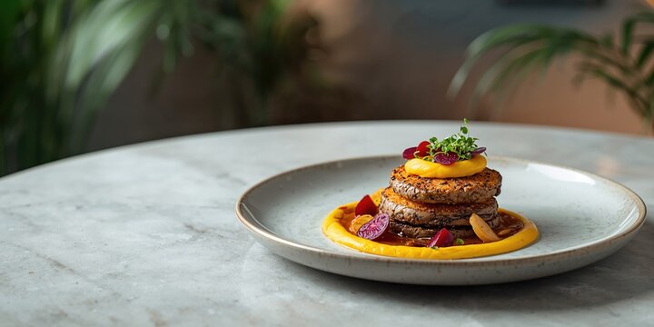 Vegan shiitake mushroom and potato gratin paired with Beluga lentils and yellow beet cream, food texture and preparation