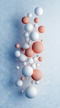 A collection of white and peach-colored spheres of various sizes are arranged vertically against a textured, light blue background. The lighting is soft and dif