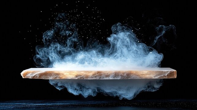A stone platform appears to float in the dark, enveloped by swirling blue smoke and illuminated by small, scattered particles. The lighting is dramatic and mood