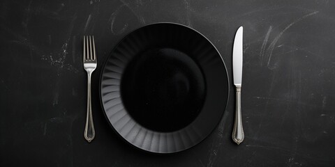 Dark table setting with black plate and vintage silverware, emphasizing aesthetic design, World Food Day