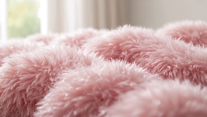 Closeup of a soft fluffy pink textured throw blanket used as a cozy accent in home decor, winter awareness day