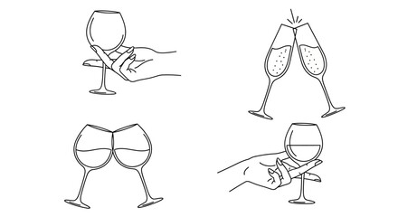 Hand Holding Wine Glass and Clinking Champagne Flutes Line Art
